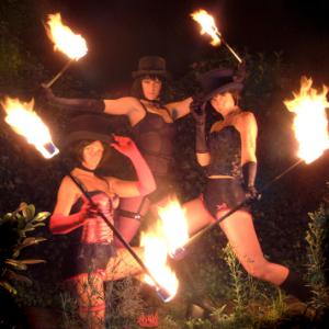 Three female artistes in fire act