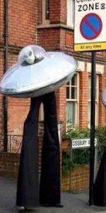 Alien and flying saucer stilt act. Please quote here26.