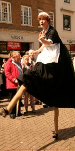 Dancing Irish Waitress stilt street theatre act...click for more images...Please quote jusi1.