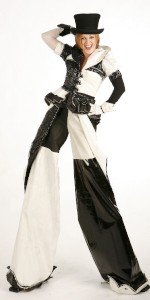 Black and White top hatted stiltwalker. Please quote mejo4.