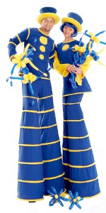 Blue and Yellow colourful stilt walker/balloon modellers. Please quote trpe19.